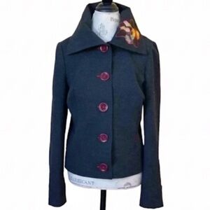 Gipsy Dark Gray Jacket With Embroidered Flowers On Collar US Size 8 Like New!
